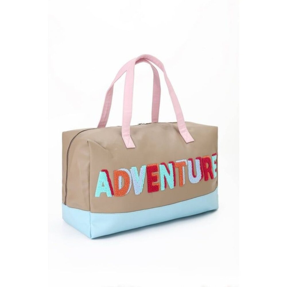 Adventure Weekender Duffel Bag With Colorful Embroidery & Pink Handles